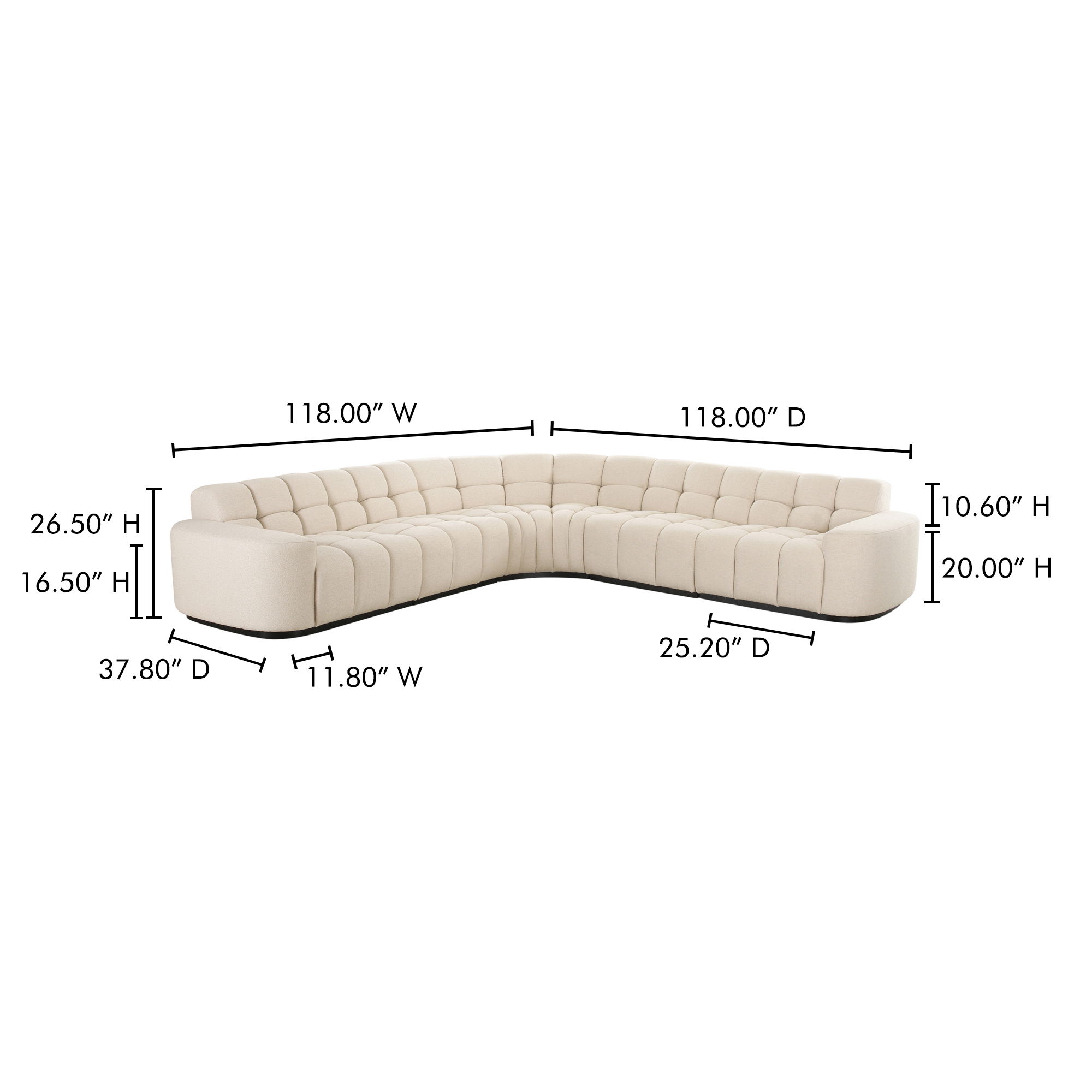 Roman L-shaped Sectional Oat, Sectional Sofa by Moe's Home, 118" width x 26.5" height x 118" depth View 12