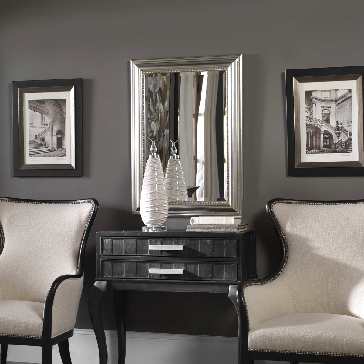 Stuart Silver Beaded Mirror, by Uttermost, 2'2.75" width x 3'0.75" height x 1.5" depth View 2