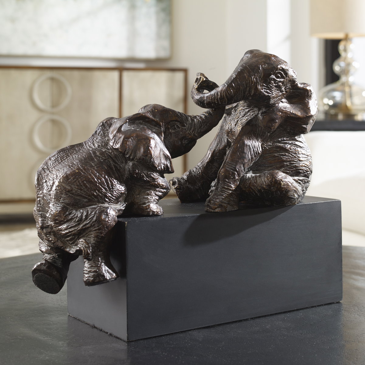 Playful Pachyderms Bronze Figurines, Figurines & Statue by Uttermost, 16" width x 12.25" height x 7.75" depth View 2