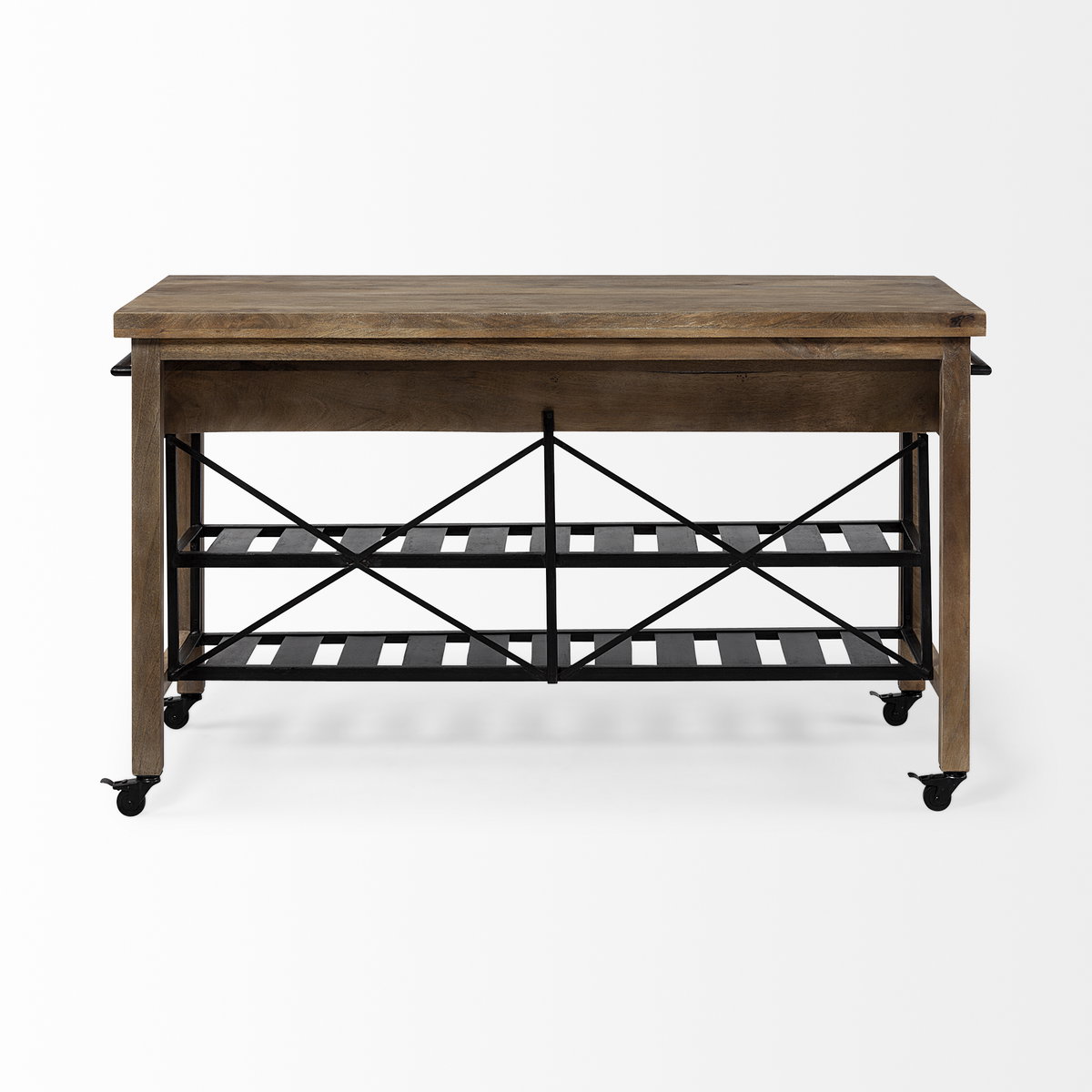 Stuart I Brown Solid Wood Top Two-Tier Black Metal Rolling Kitchen Island, by Mercana, 28" length x 63" width x 34.75" height View 6