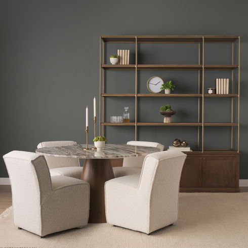 Allyson 54" Round Brown Pedestal with Pink Marble Top Dining Table