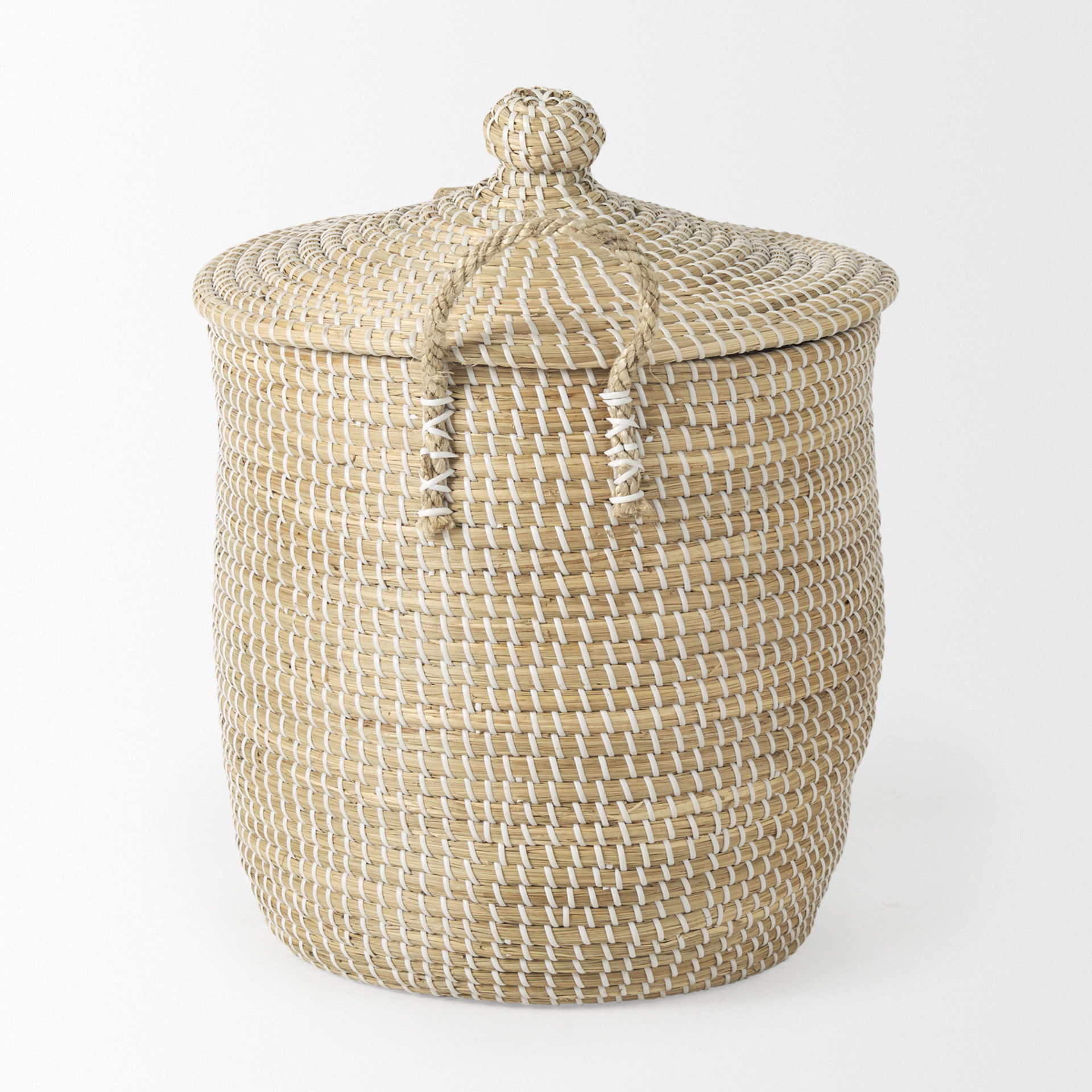 Olivia 15.7L x 15.7W x 17.3H Set of 3 Beige Seagrass Basket with Lid and Handles, Bins & Basket by Mercana, 18.5" length x 13.39" width x 14.57" height View 3