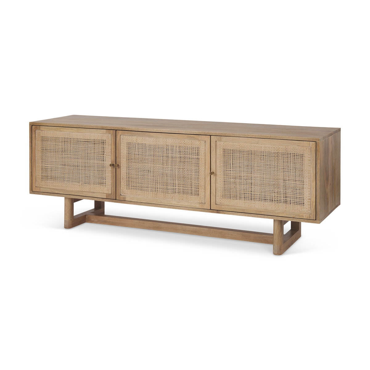 Grier 65' Light Brown Wood with Cane Media Console, by Mercana, 65" length x 18.75" width x 23" height View 1