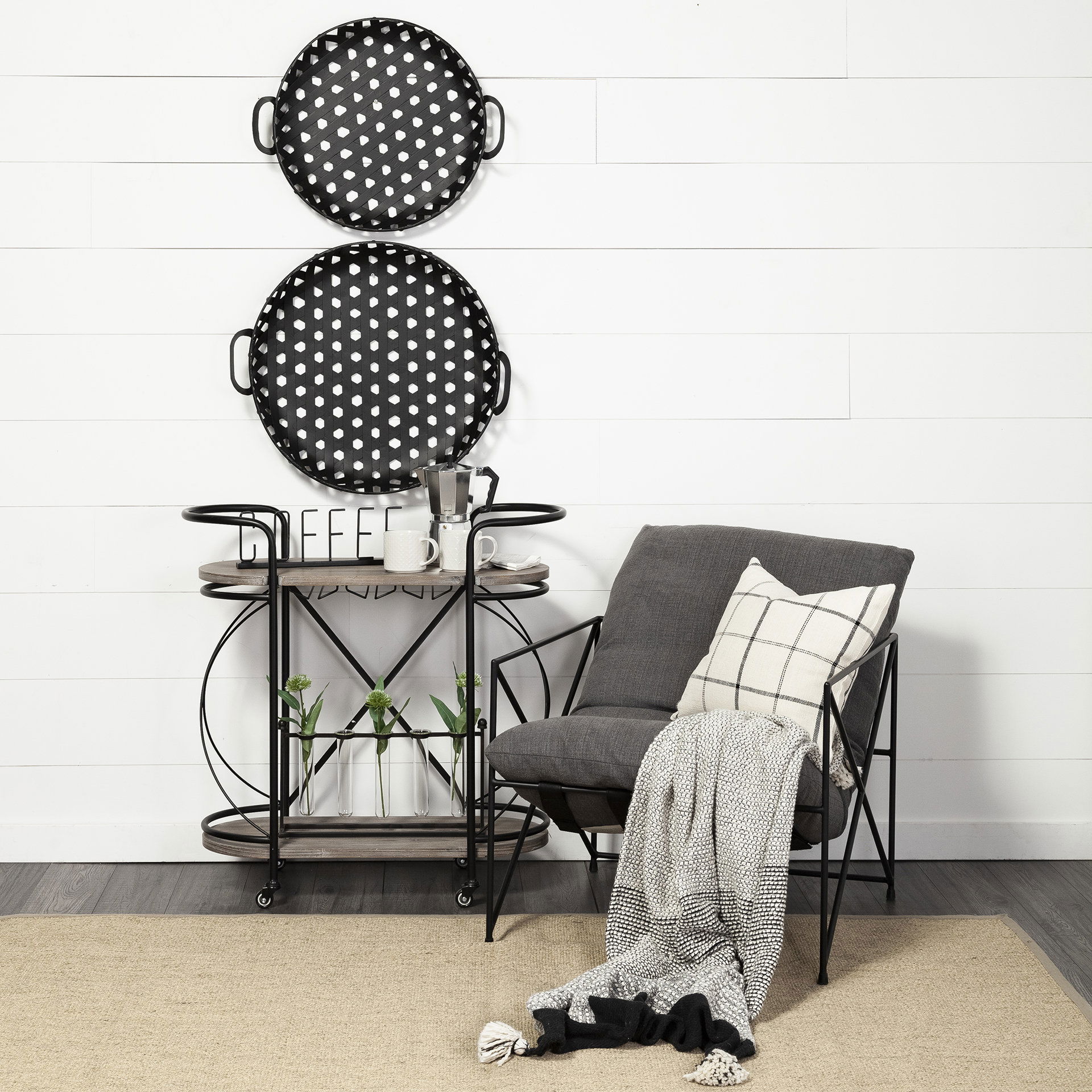 Lito (Set of 2) Black Woven Metal Round Serving Trays large image 