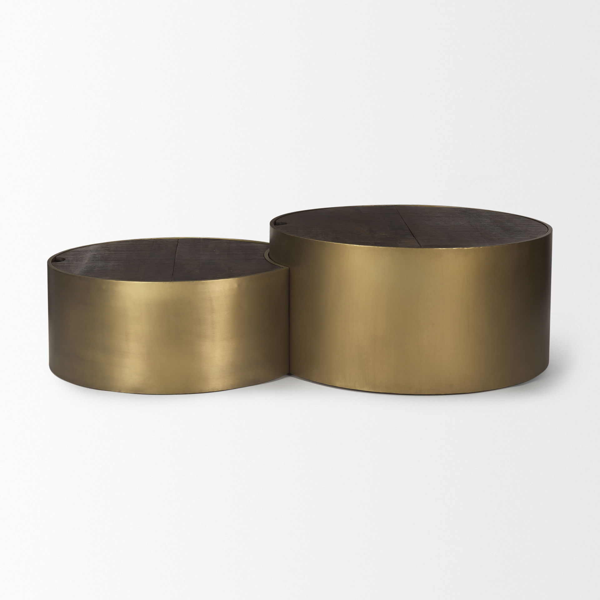 Eclipse Antique Brass Metal Drum Base with Dark Brown Wood Top Nested Coffee Table large image 