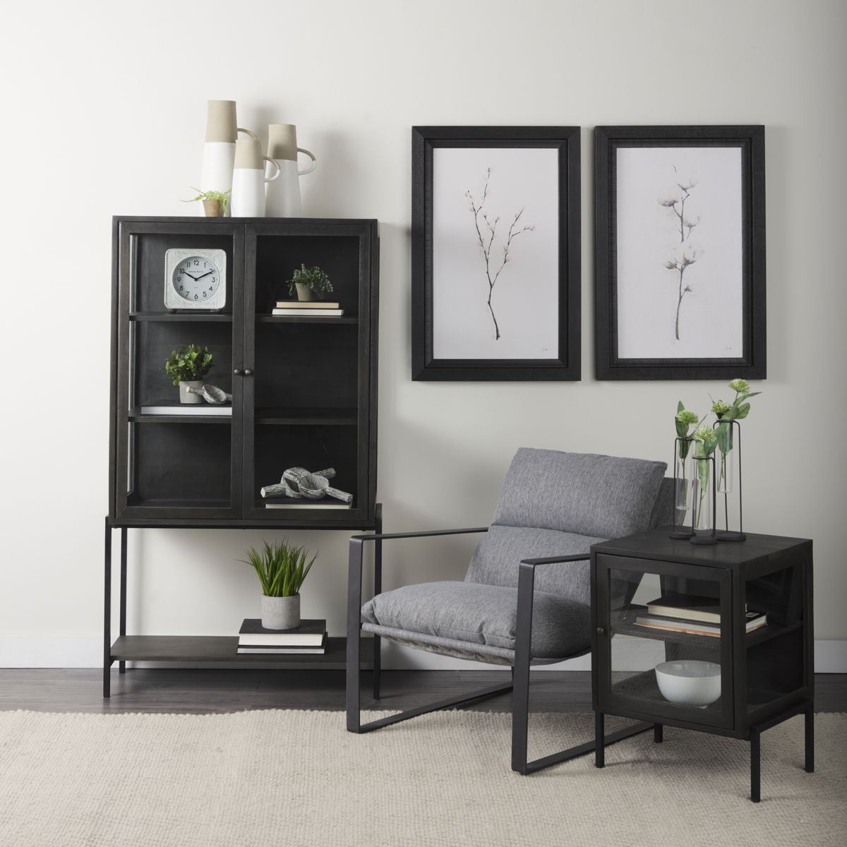 Arelius 36L x 18.75W x 63H Black-Brown Wood with Black Metal Base Display Cabinet, Cabinets & Sideboard by Mercana, 36" length x 18.75" width x 63" height View 3