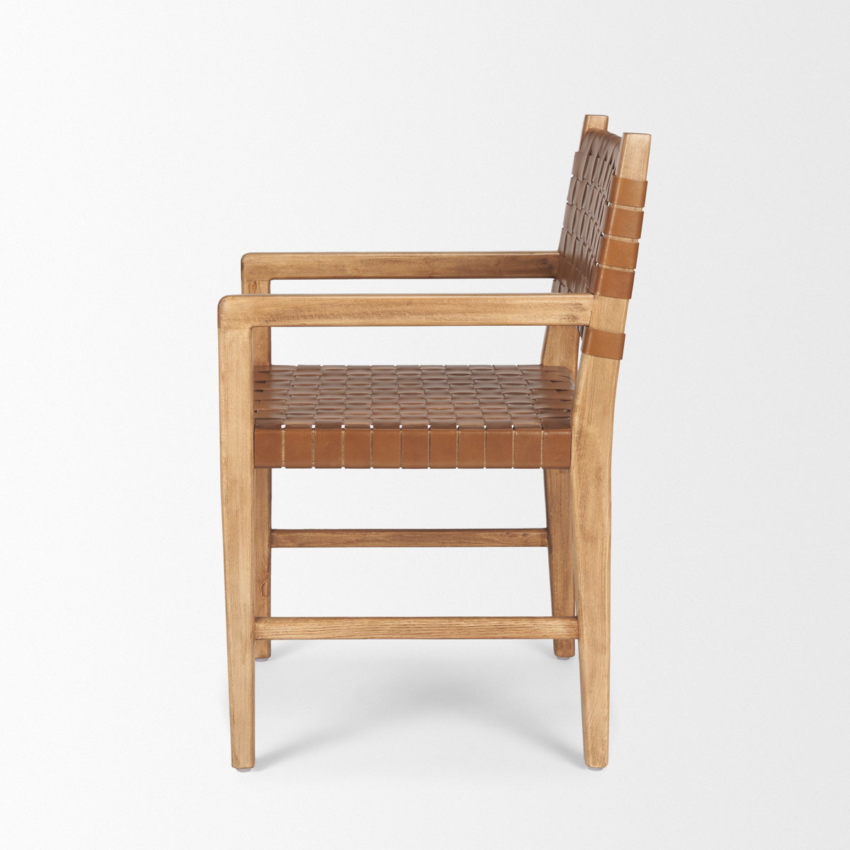 Shane Curved Back Dining Arm Chair | Woven Brown Leather with Brown Wood, Dining Chair by Mercana, 21" length x 21.5" width x 33.25" height View 6