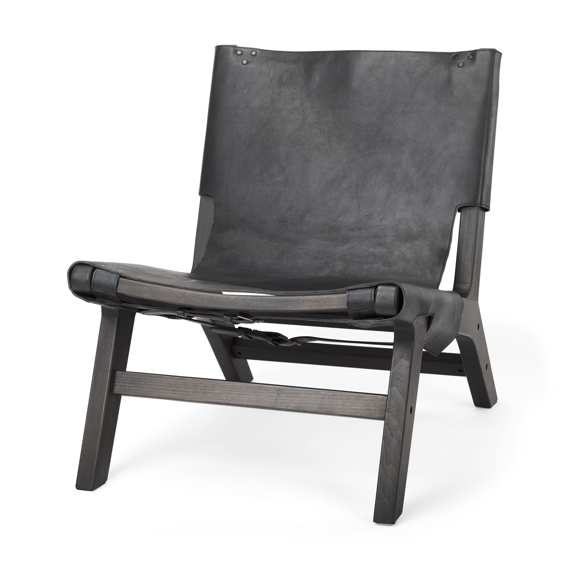 Elodie 24.4L x 33.9W x 30.7H Black Leather with Black Stain Beech Wood Frame Accent Chair, by Mercana, 24.41" length x 31.5" width x 30.71" height View 1
