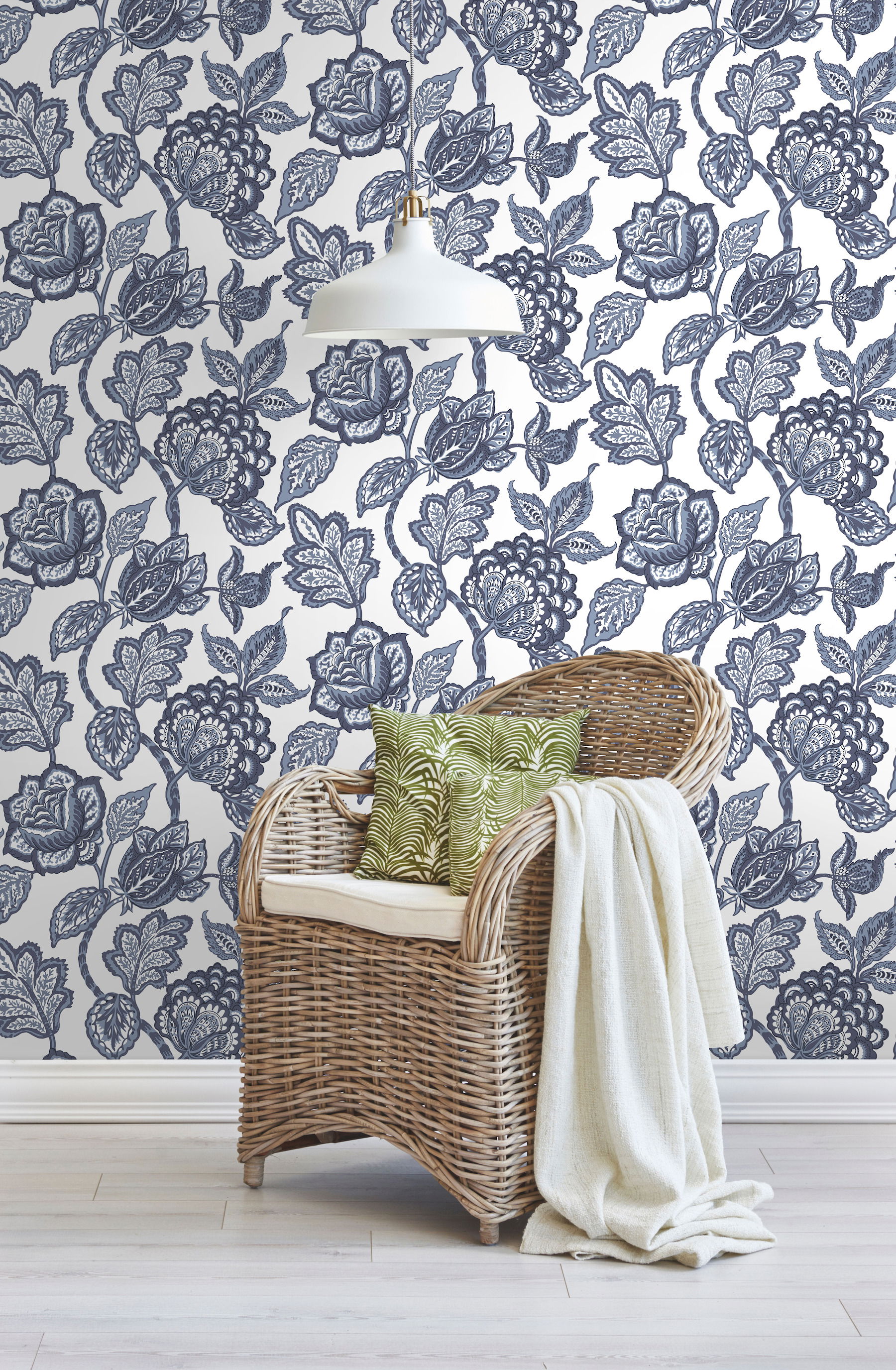 White & Blue Midsummer Jacobean Wallpaper large image 