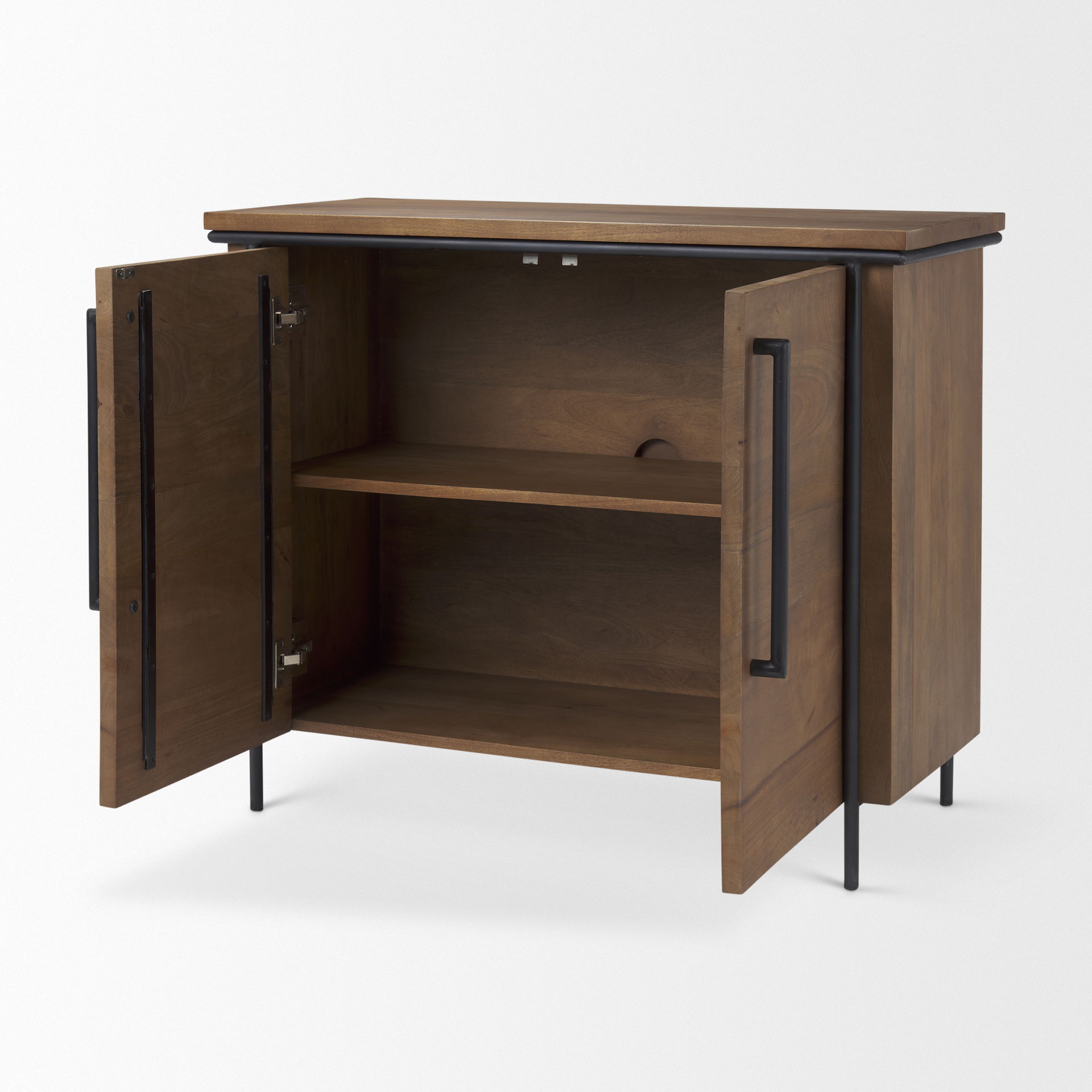 Maddox  40.0L x 18.5W x 32.75H Brown Solid Wood Black Metal 2 Door Accent Cabinet large image 