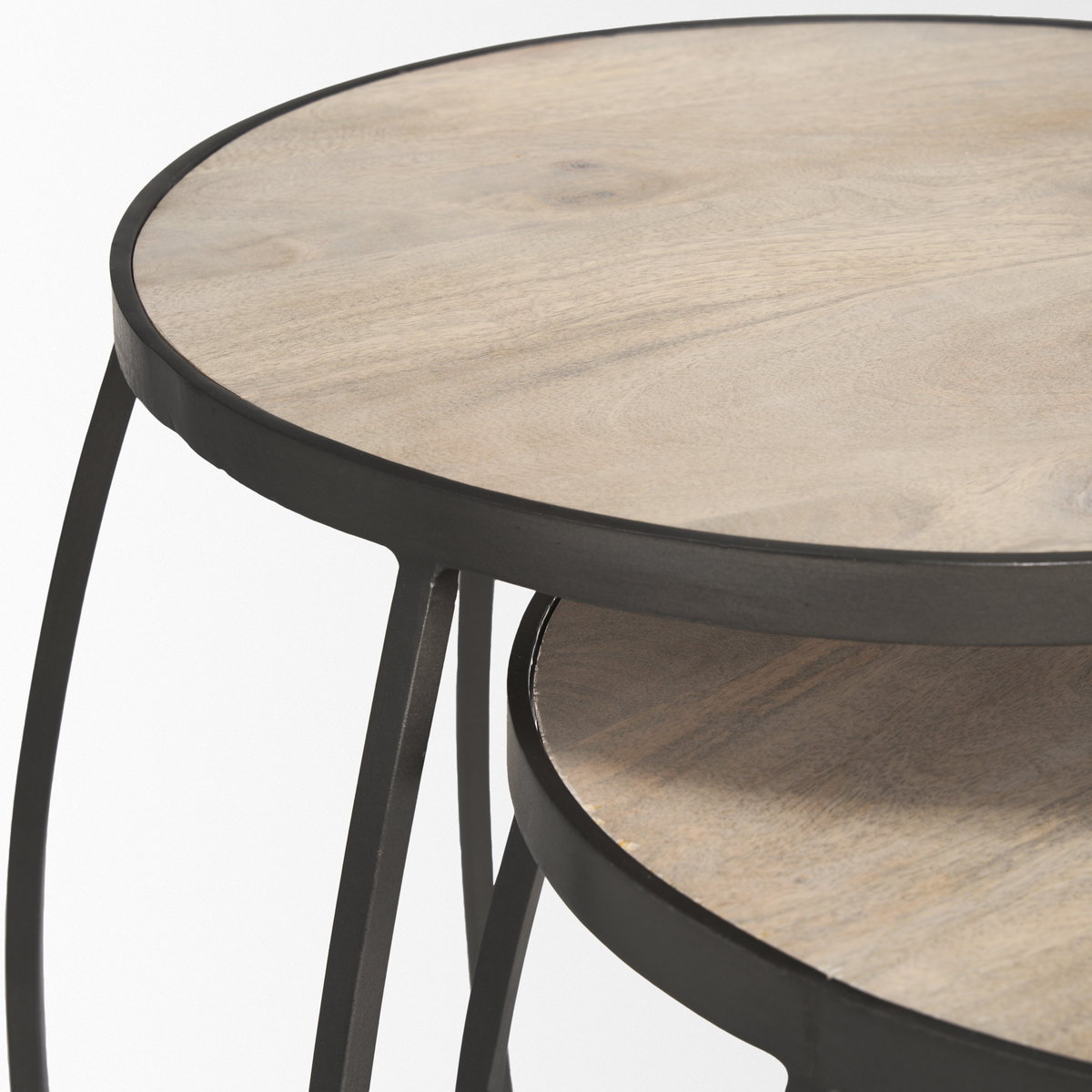 Clapp Round Light Brown with White Wash Wood and Silver Metal Nesting Accent Tables (Set of 2), Side & End Table by Mercana, 19" length x 19" width x 26" height View 8