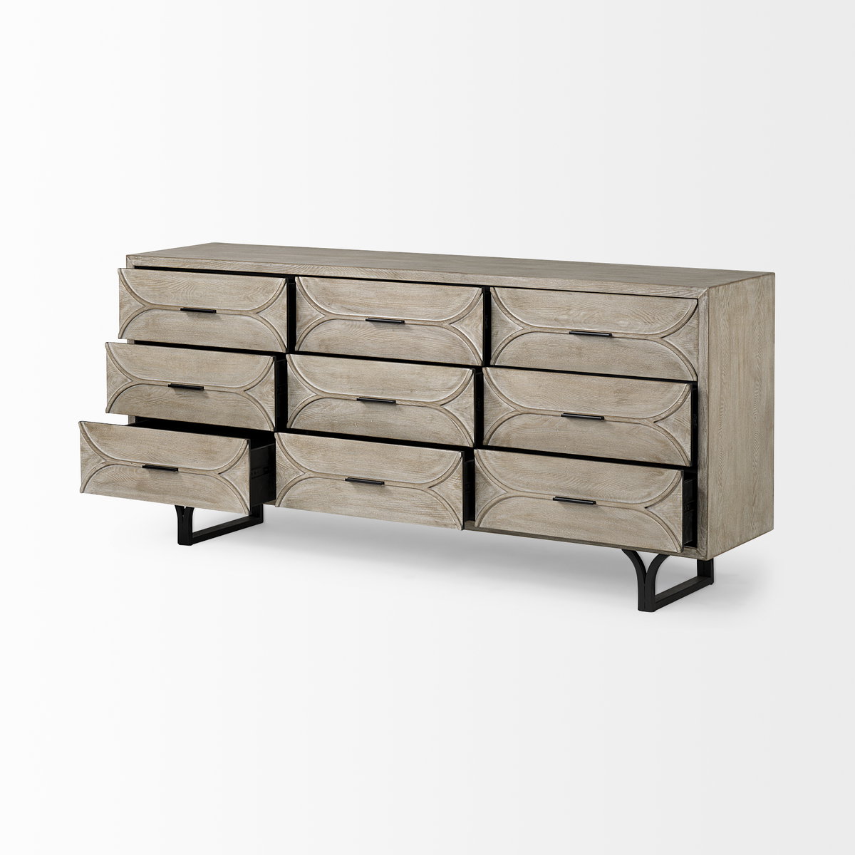 Giselle II Brown Fir Veneer with Black Metal Leg 9 Drawer Sideboard, Sideboards & Buffet by Mercana, 70.08" length x 15.94" width x 31.89" height View 6