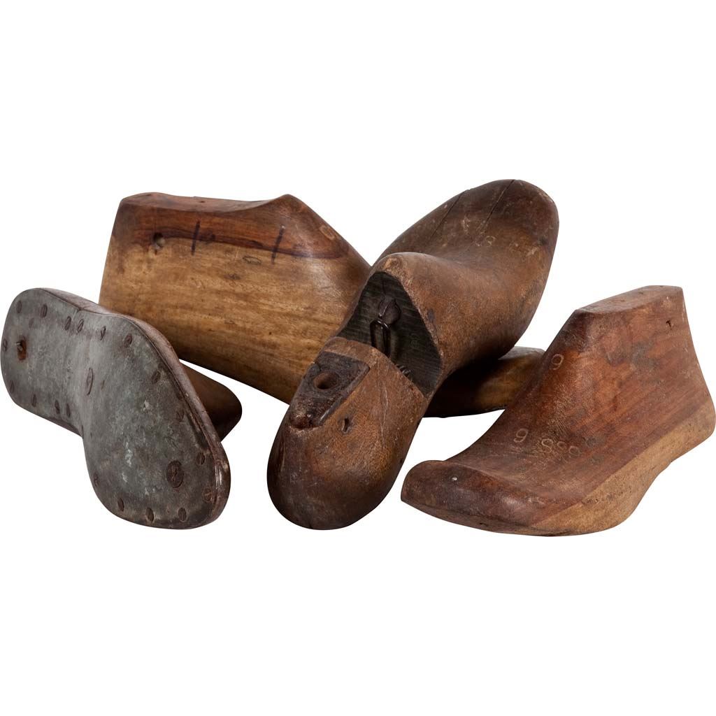 Wooden Shoe (Set of 4) 12L x 4W Brown Antique Wooden Cobbler Moulds, Decorative Object by Mercana, 12" length x 4" width x 4" height