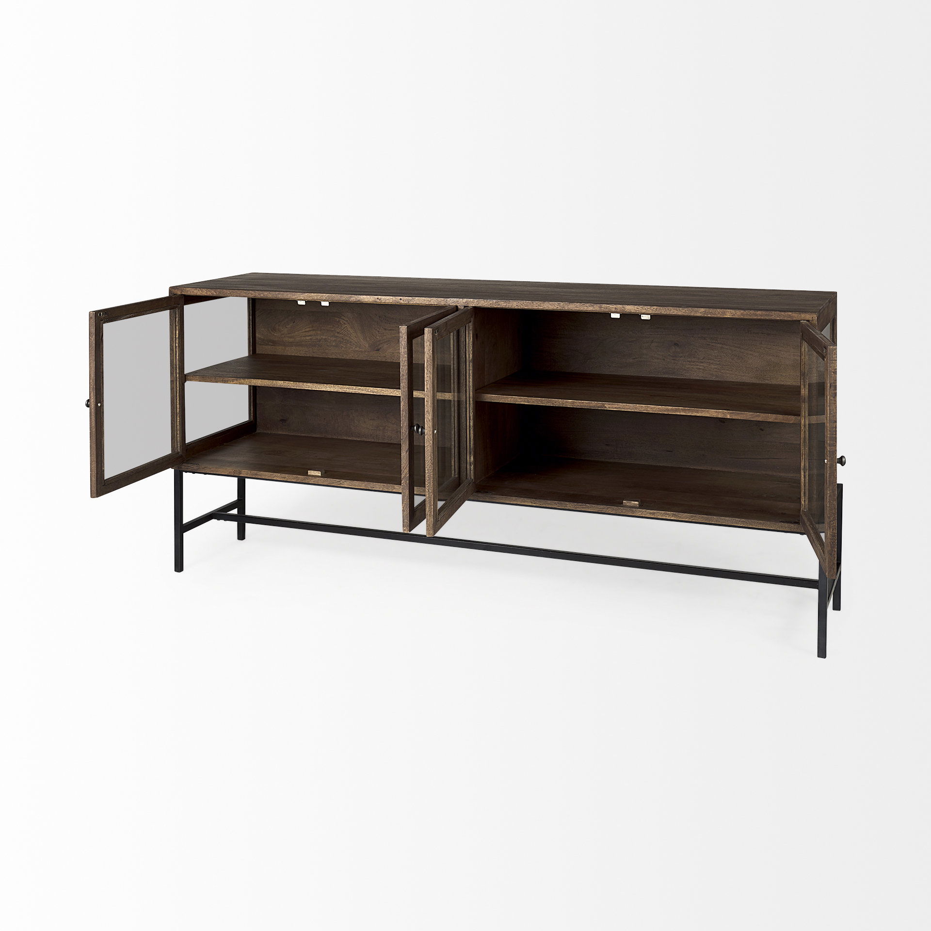 Arelius 70L x 18.75W x 32H Medium Brown, Black Metal Base with 4 Glass Door Cabinets Sideboard, Sideboards & Buffet by Mercana, 70" length x 18.75" width x 32" height View 7