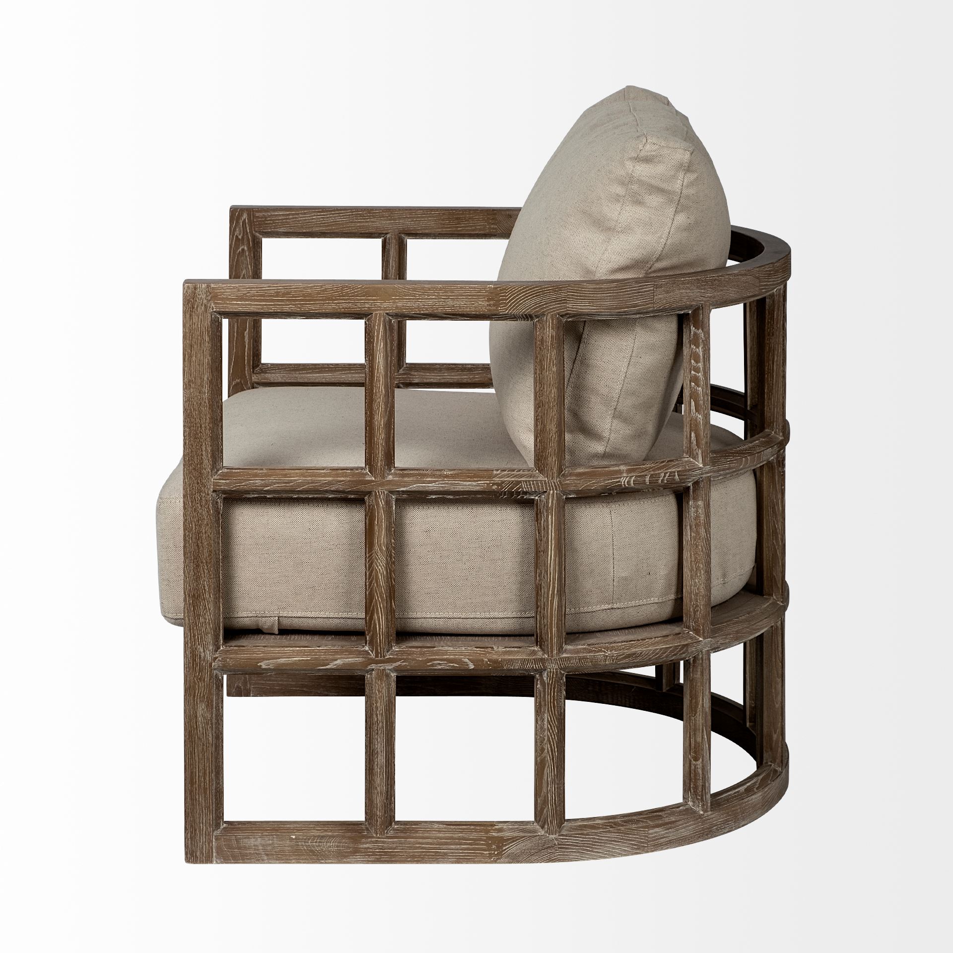 Skylar II Tan Fabric Covered Cushioned Demi-Lune Wooden Frame Accent Chair, by Mercana, 29" length x 29.75" width x 33.75" height View 6