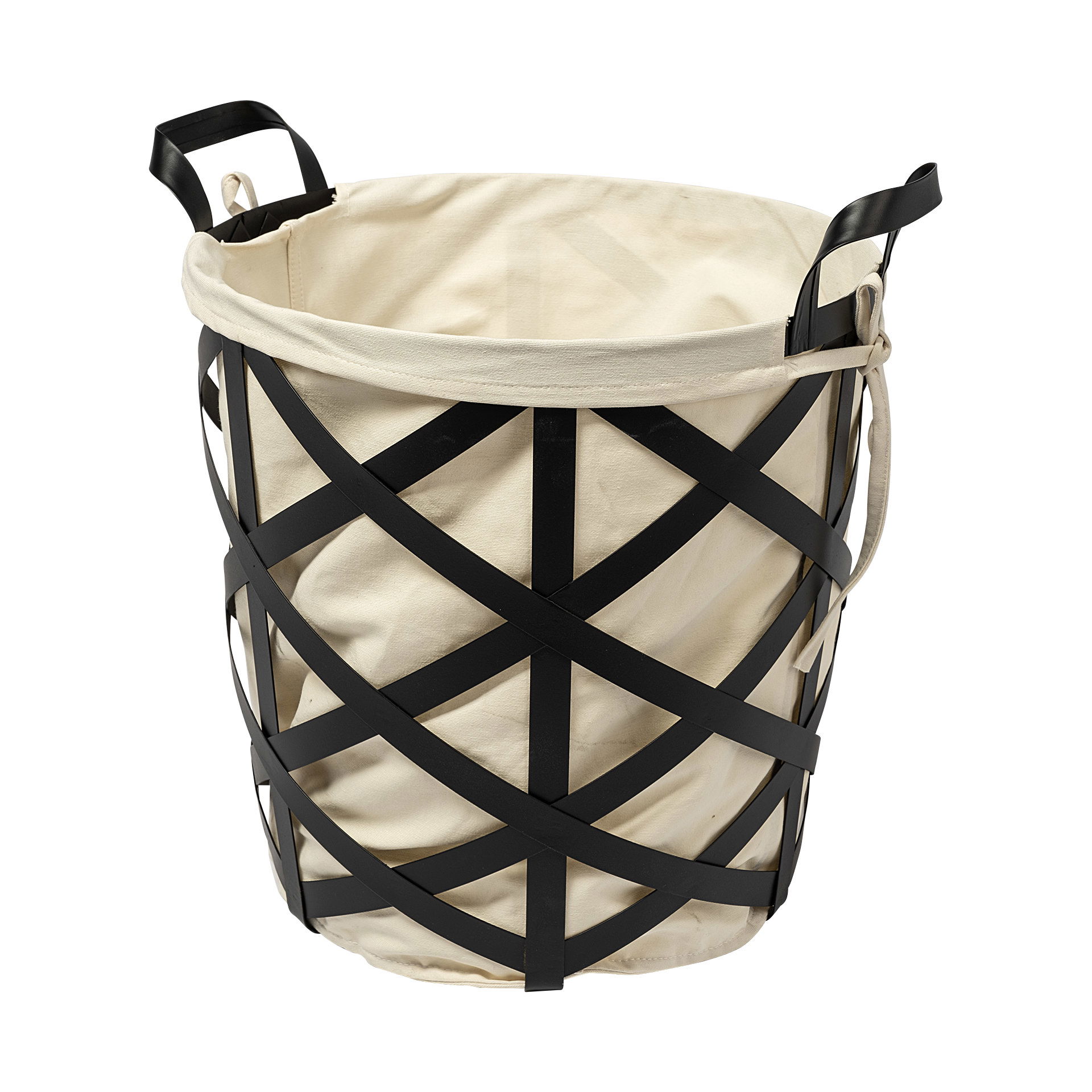 Liya 18L x 15W Black Metal Basket with Cream Fabric Liner, Bins & Basket by Mercana, 18.11" length x 14.57" width x 17.32" height View 1