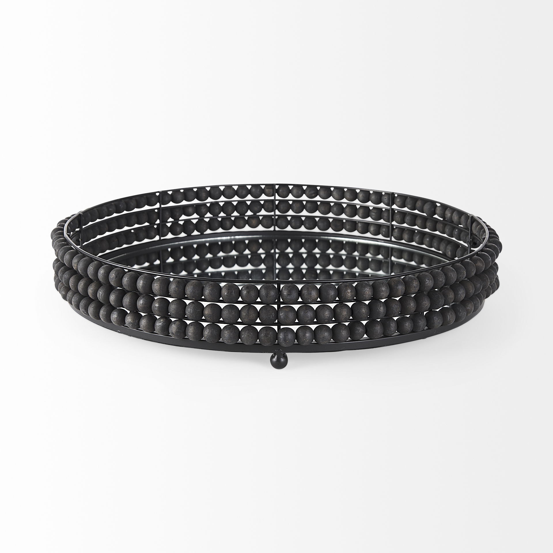 Decatur II 21L x 21W Black Wooden Bead Mirrored Bottom Round Tray, Decorative Tray by Mercana, 21.26" length x 21.26" width x 3.94" height View 3