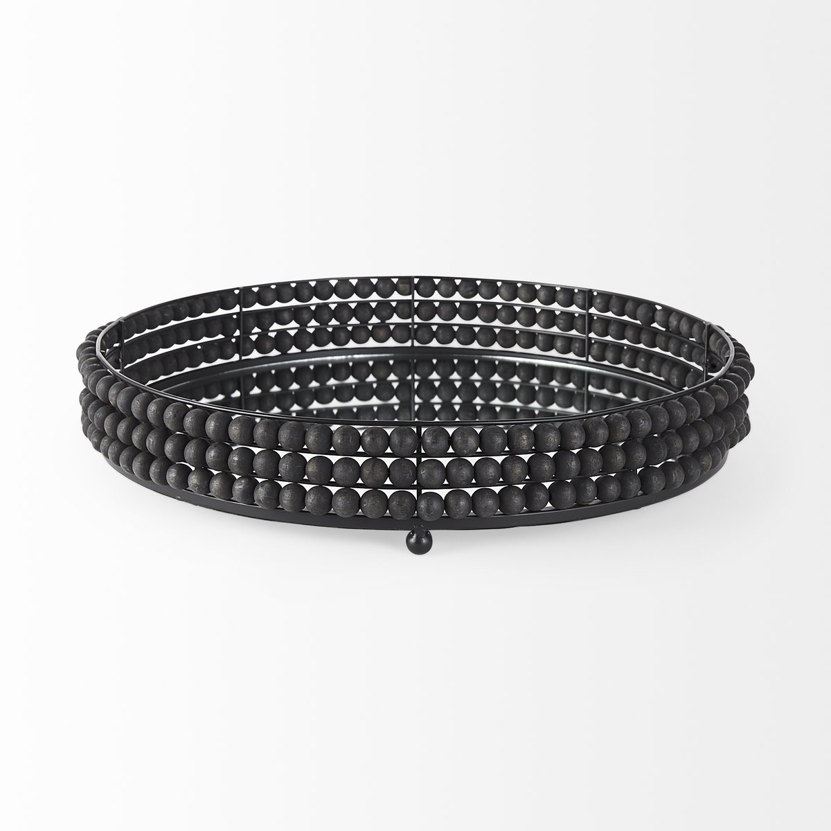 Decatur II 21L x 21W Black Wooden Bead Mirrored Bottom Round Tray, Decorative Tray by Mercana, 21.26" length x 21.26" width x 3.94" height View 3
