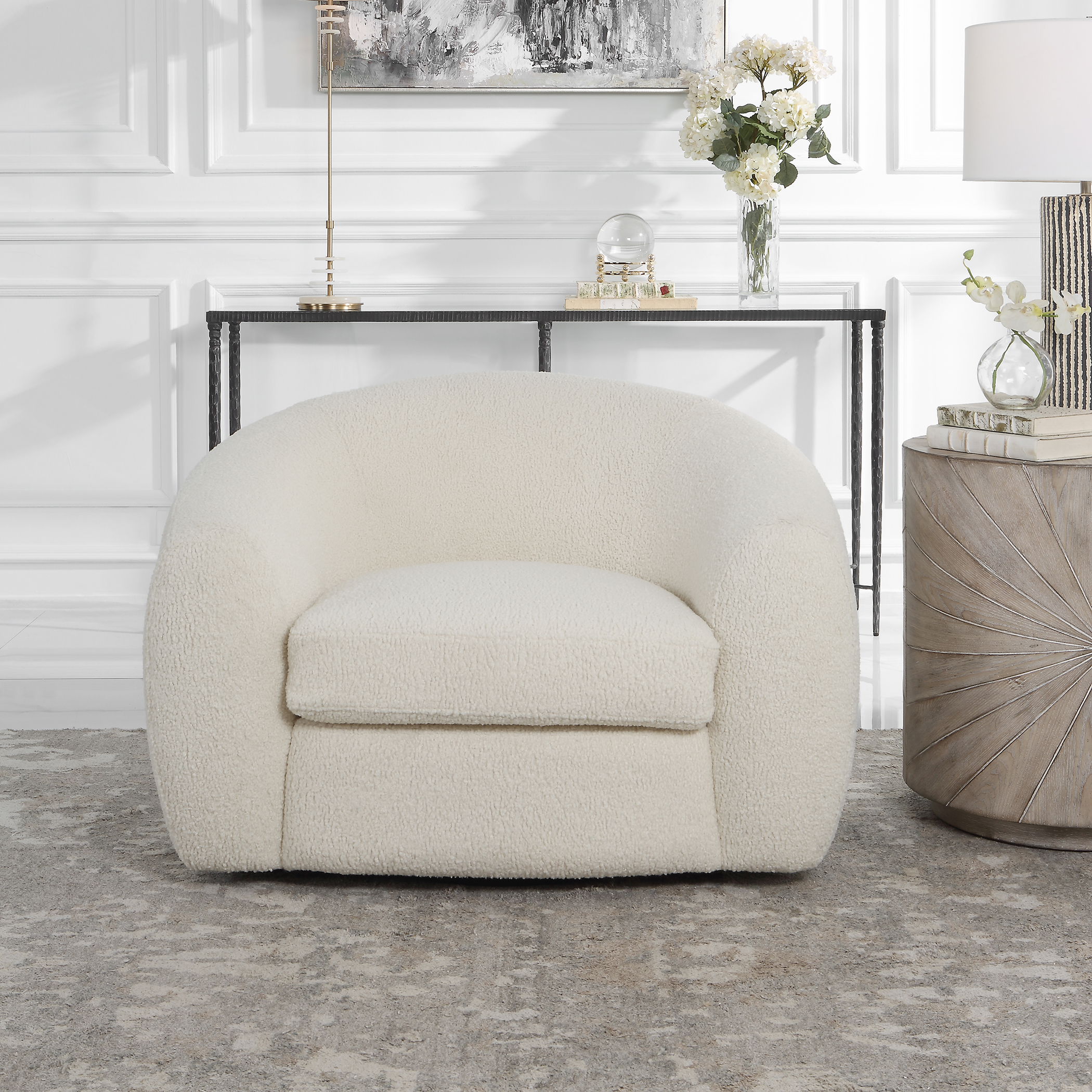 Capra Art Deco White Swivel Chair, Furniture by Uttermost, 43" width x 28" height x 37" depth View 10