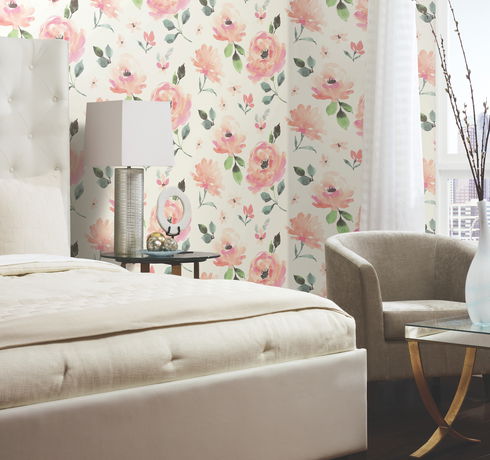 Watercolor Blooms Coral Peel & Stick Wallpaper