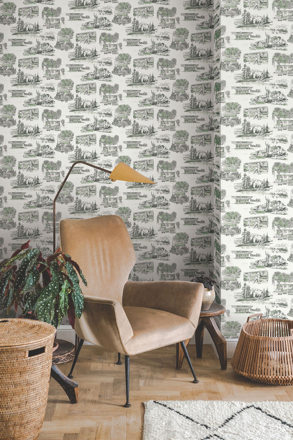 Modern Vista Toile Evergreen Wallpaper large image 