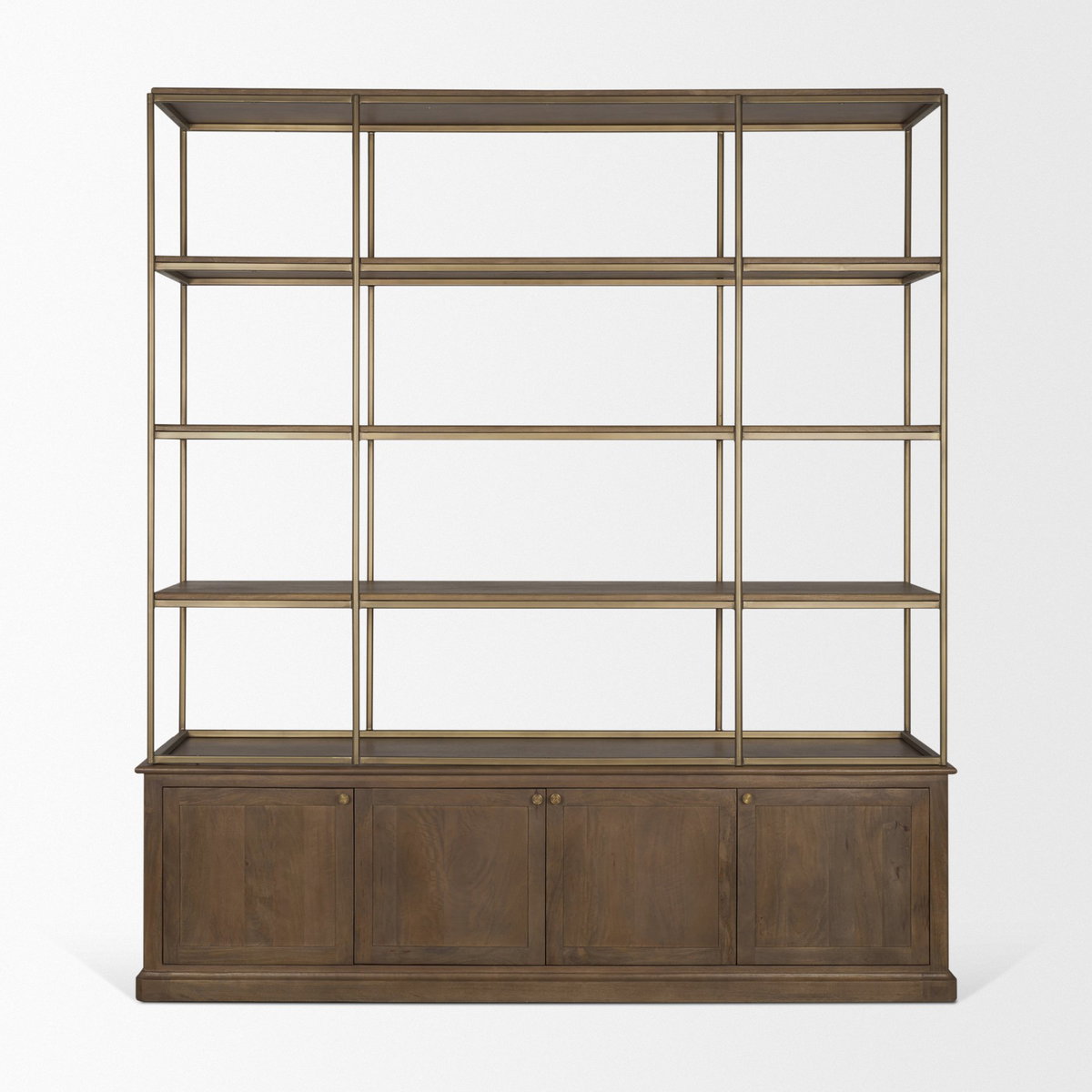 Baron 4-Door Dark Brown Wood with Antique Brass Metal Open Shelving Unit, Shelving & Bookcase by Mercana, 81.75" length x 19" width x 90" height View 5