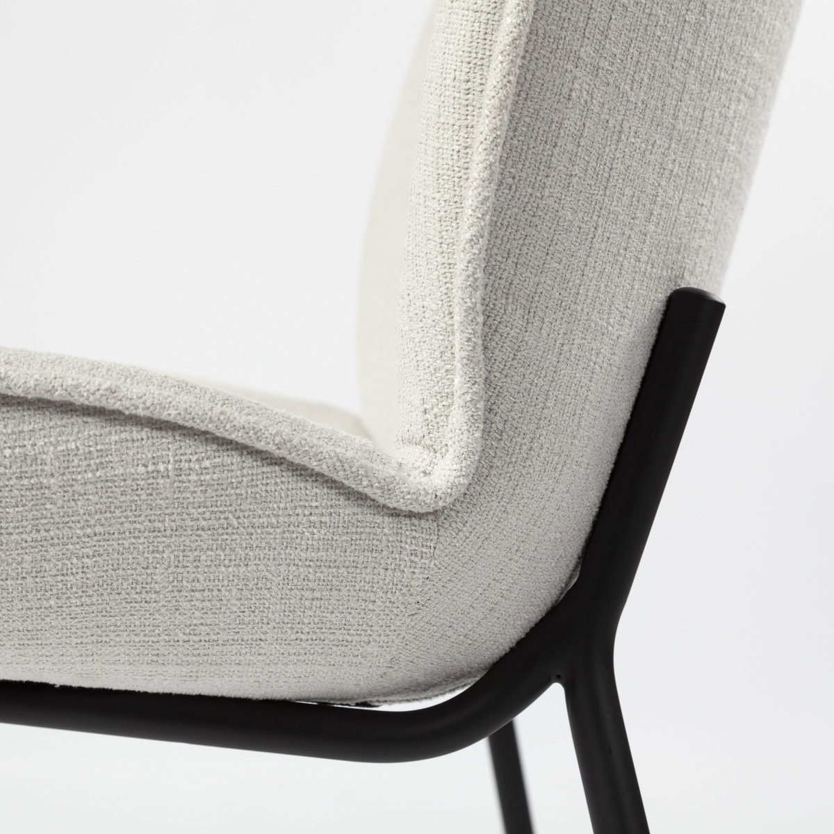 Inala Curved Back Dining Side Chair | White Fabric with Black Metal, Dining Chair by Mercana, 21.26" length x 25.59" width x 34.25" height View 14