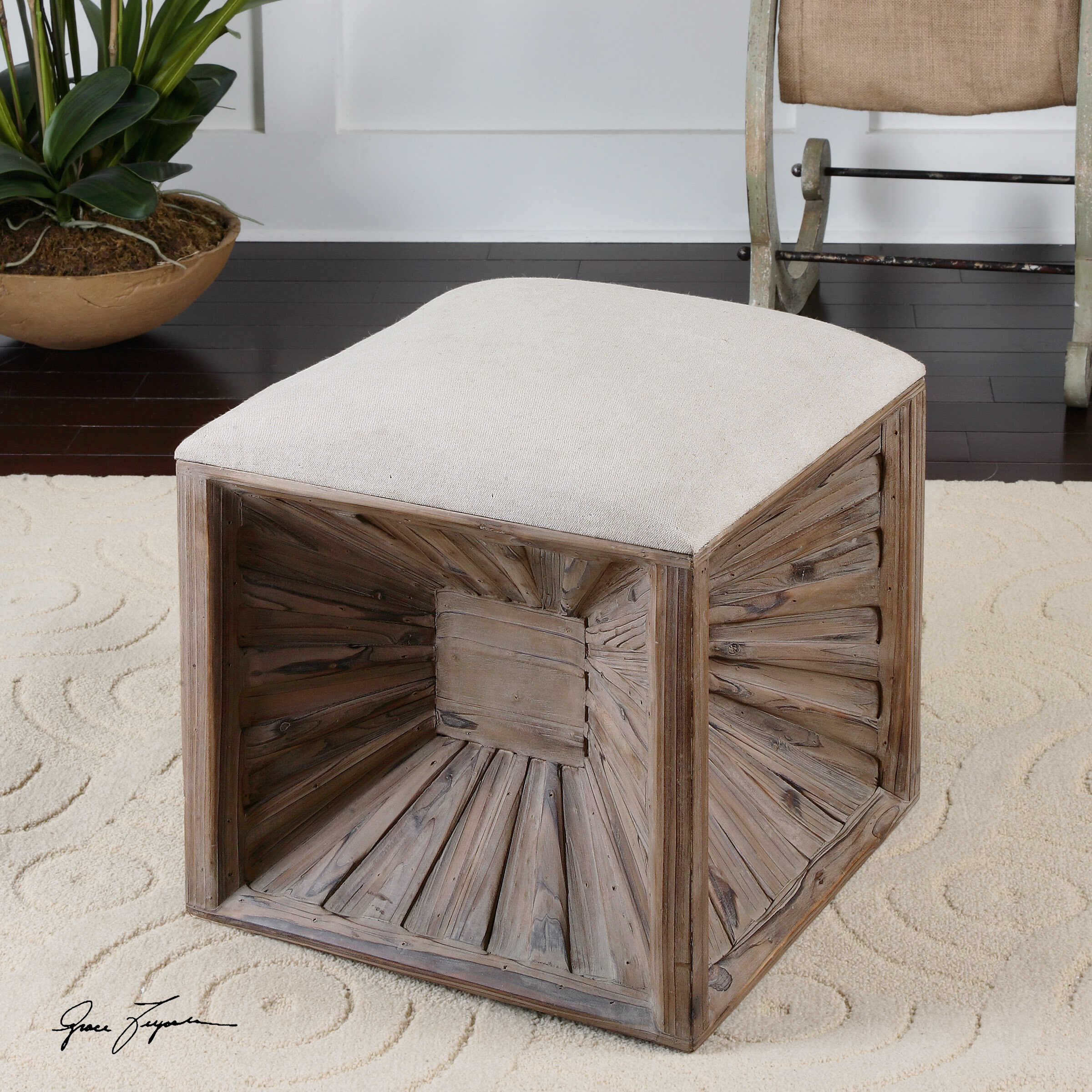 Jia Wooden Ottoman, Furniture by Uttermost, 17.37" width x 20" height x 17.37" depth View 4