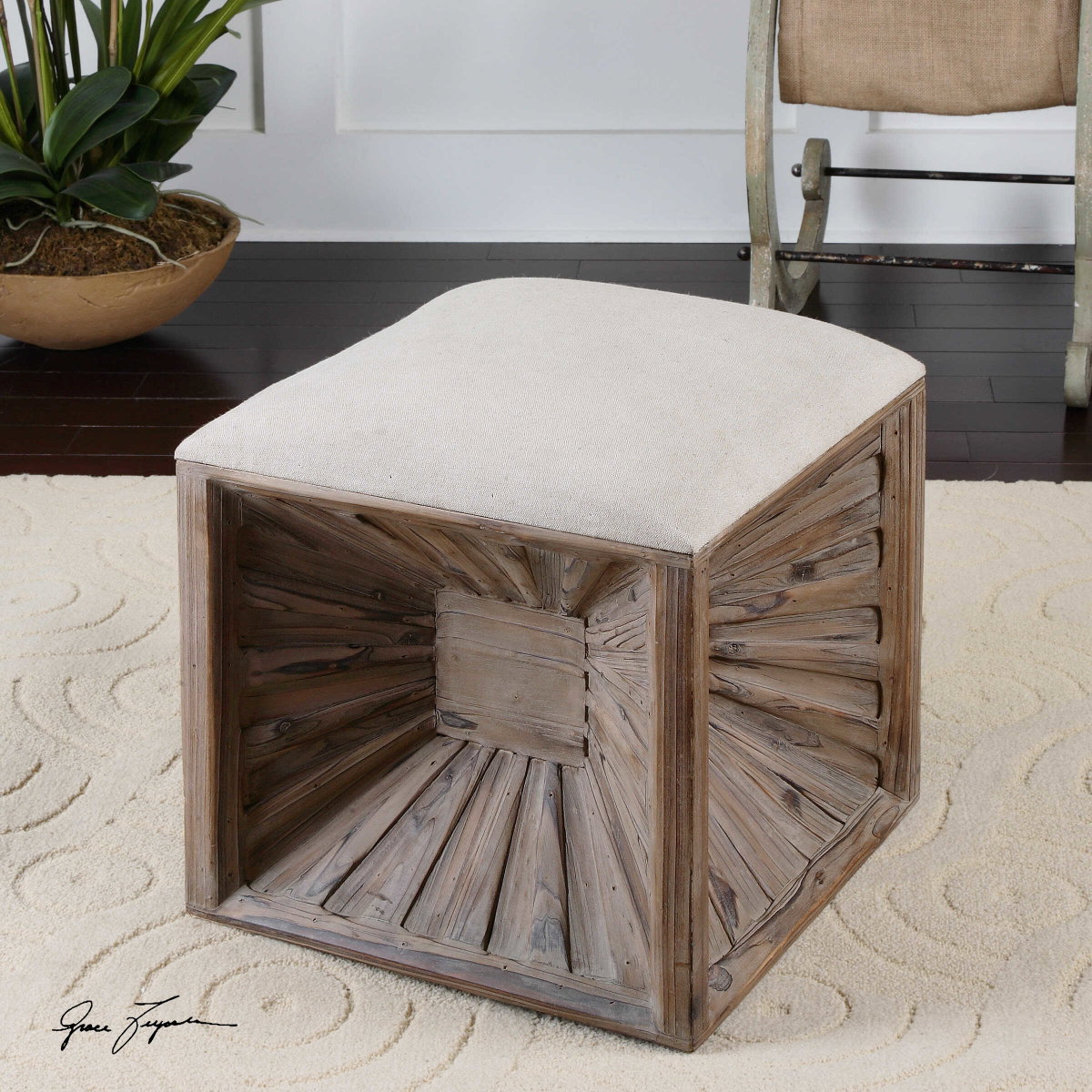 Jia Wooden Ottoman, by Uttermost, 17.37" width x 20" height x 17.37" depth View 4