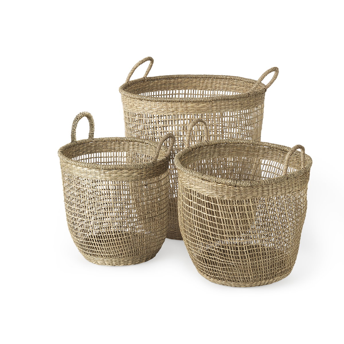 Bowie  (Set of 3) Medium Brown Seagrass Round Basket with Handles, Bins & Basket by Mercana, 19.69" length x 19.69" width x 19.69" height View 1