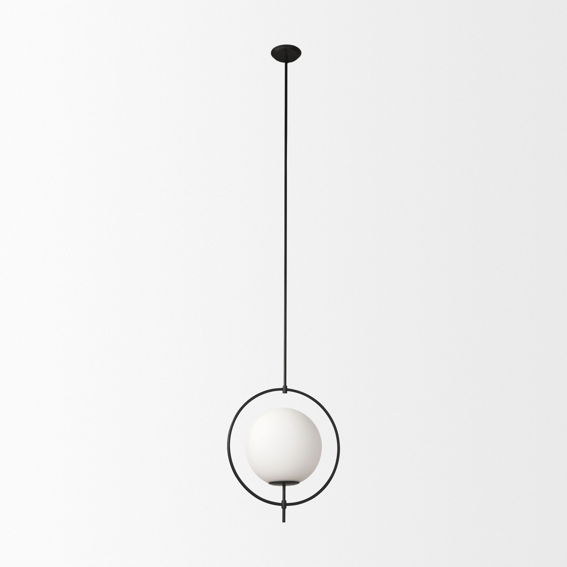 Farrah Frosted Glass Globe set in Matte Black Metal Pendant Ceiling Light, by Mercana, 17.71" length x 11.81" width x 45.27" height View 3