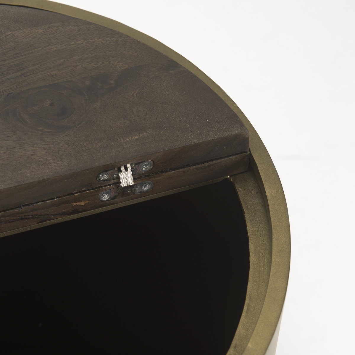 Eclipse Antique Brass Metal Drum Base with Dark Brown Wood Top End/Side Table, Side & End Table by Mercana, 20" length x 20" width x 22" height View 10