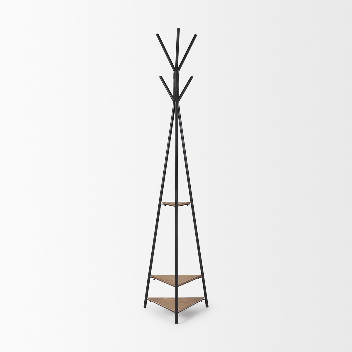 Everett Matte Black Metal with Two Wood Shelves Coat Rack, Stands, Racks & Hook by Mercana, 16.75" length x 16.75" width x 71" height View 4