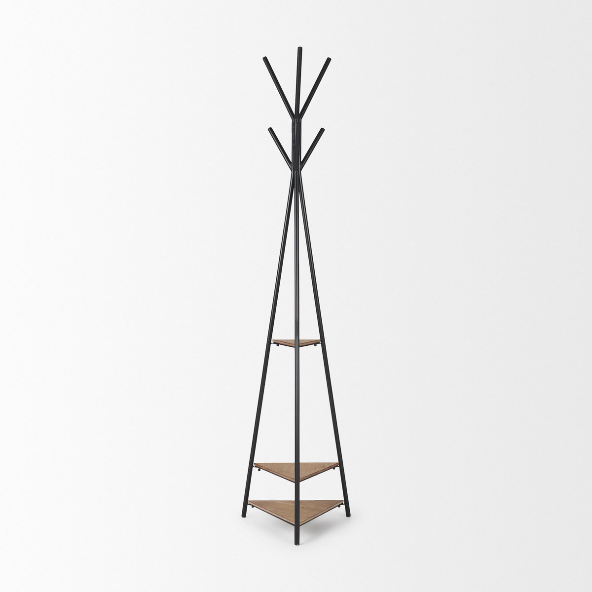 Everett Matte Black Metal with Two Wood Shelves Coat Rack, Stands, Racks & Hook by Mercana, 16.75" length x 16.75" width x 71" height View 4