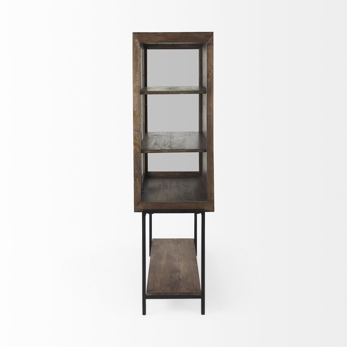 Arelius 36L x 18.75W x 63H Medium Brown Wood with Black Metal Base Display Cabinet, Cabinets & Sideboard by Mercana, 36" length x 18.75" width x 63" height View 6