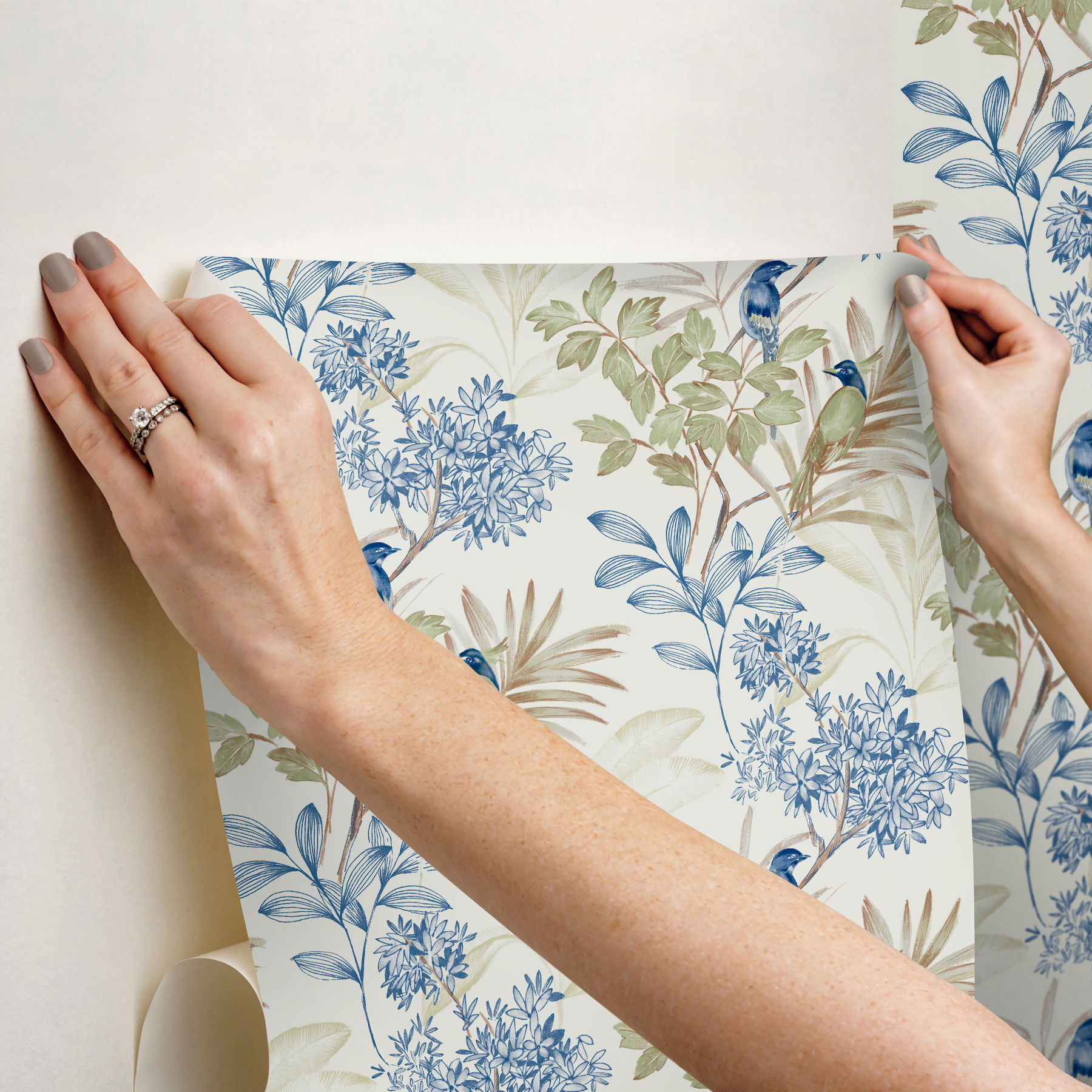 Handpainted Songbird Green & Blue Peel & Stick Wallpaper large image 