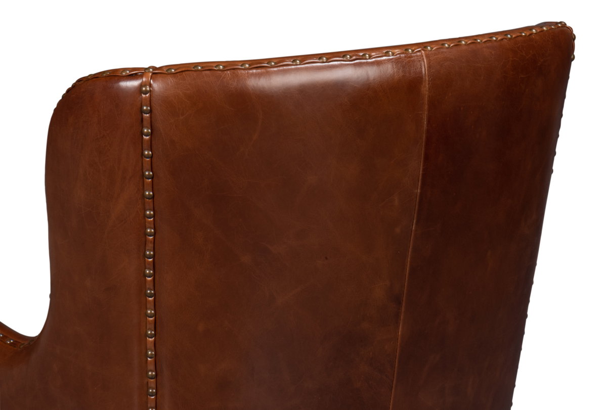 Whitney Distilled Leather Chair Brown, by Sarreid, 2'9" length x 2'2" width x 3'5" height View 3