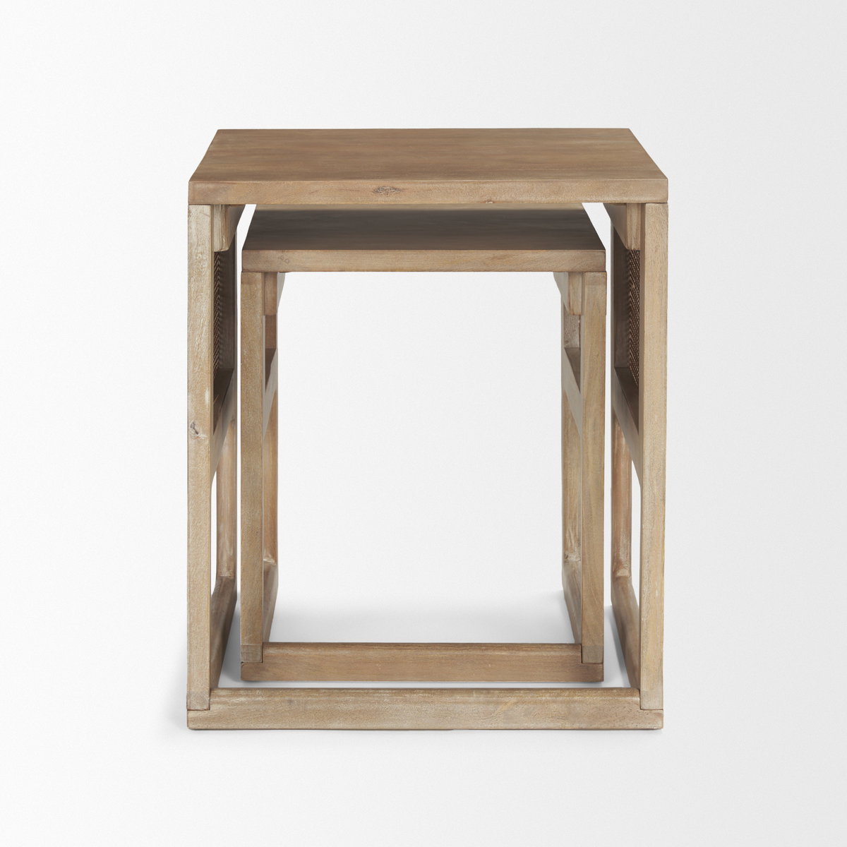 Grier Set of 2 Light Brown Solid Wood with Cane Nesting Accent Tables, Side & End Table by Mercana, 20" length x 20" width x 23" height View 7