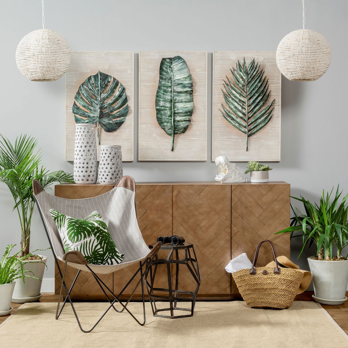 Theta 15.5x14.5 White-Washed Wood Beaded Pendant Light, by Mercana, 15.5" length x 15.5" width x 14.5" height View 2