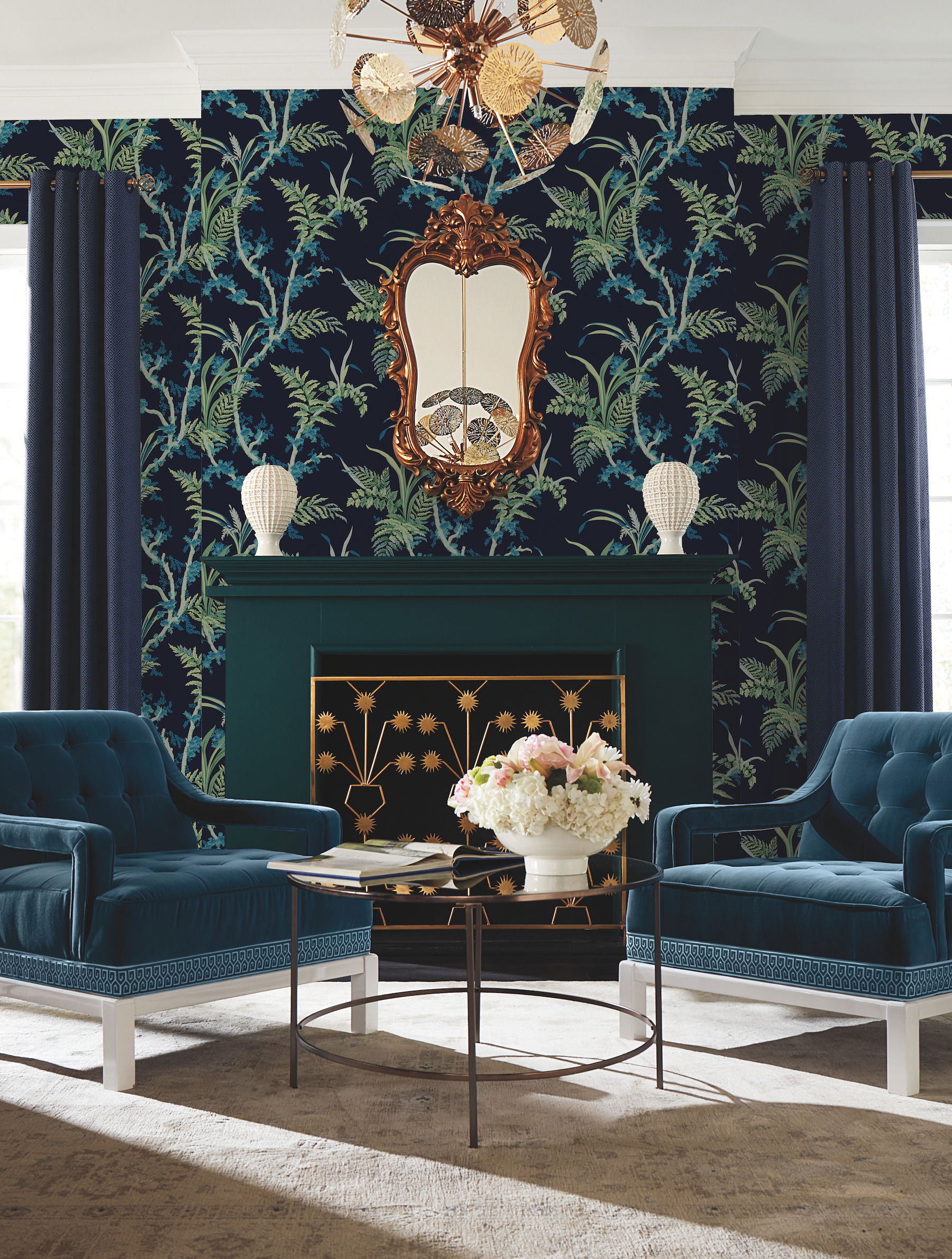 Enchanted Fern Navy & Green Wallpaper, by York Wall, 27' length x 2'3" width x 0.02" depth View 2