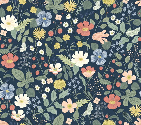 Strawberry Fields Blue & Pink Wallpaper