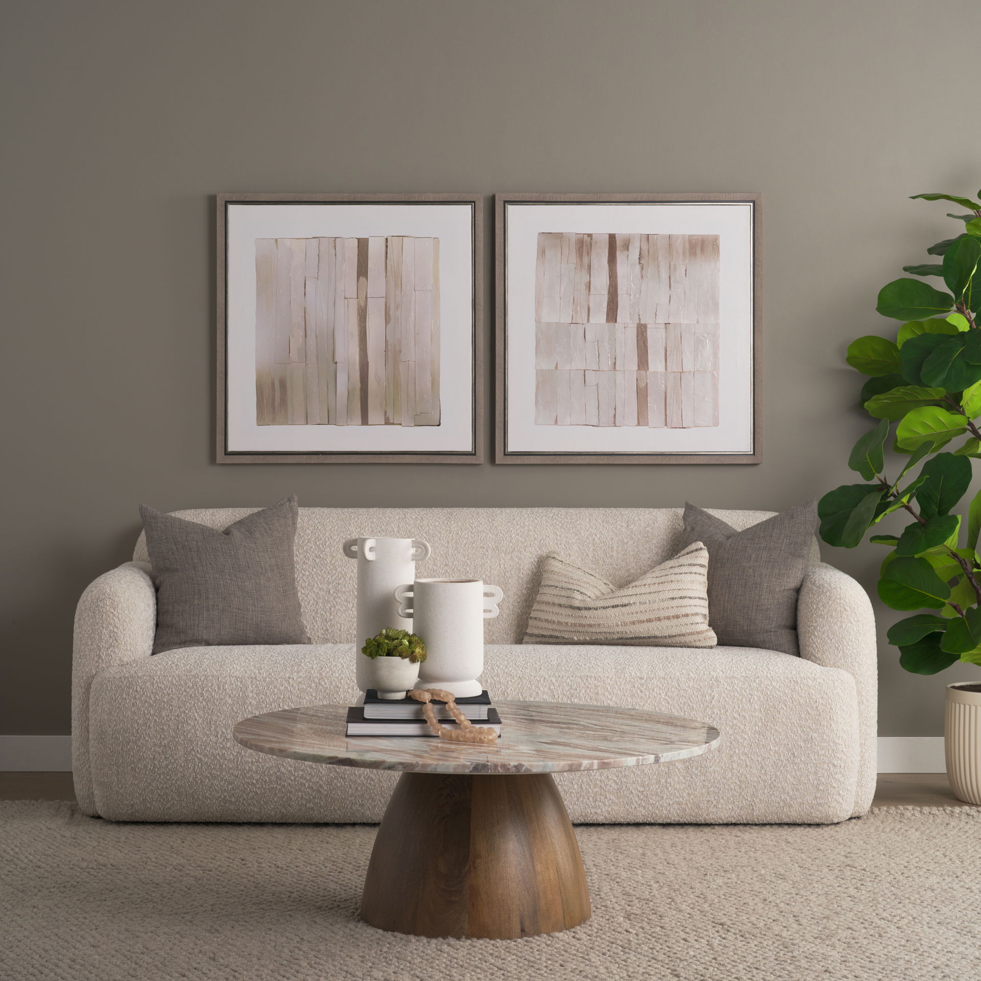 Allyson Round Brown Pedestal with Pink Marble Top Coffee Table, by Mercana, 42" length x 42" width x 16" height View 3