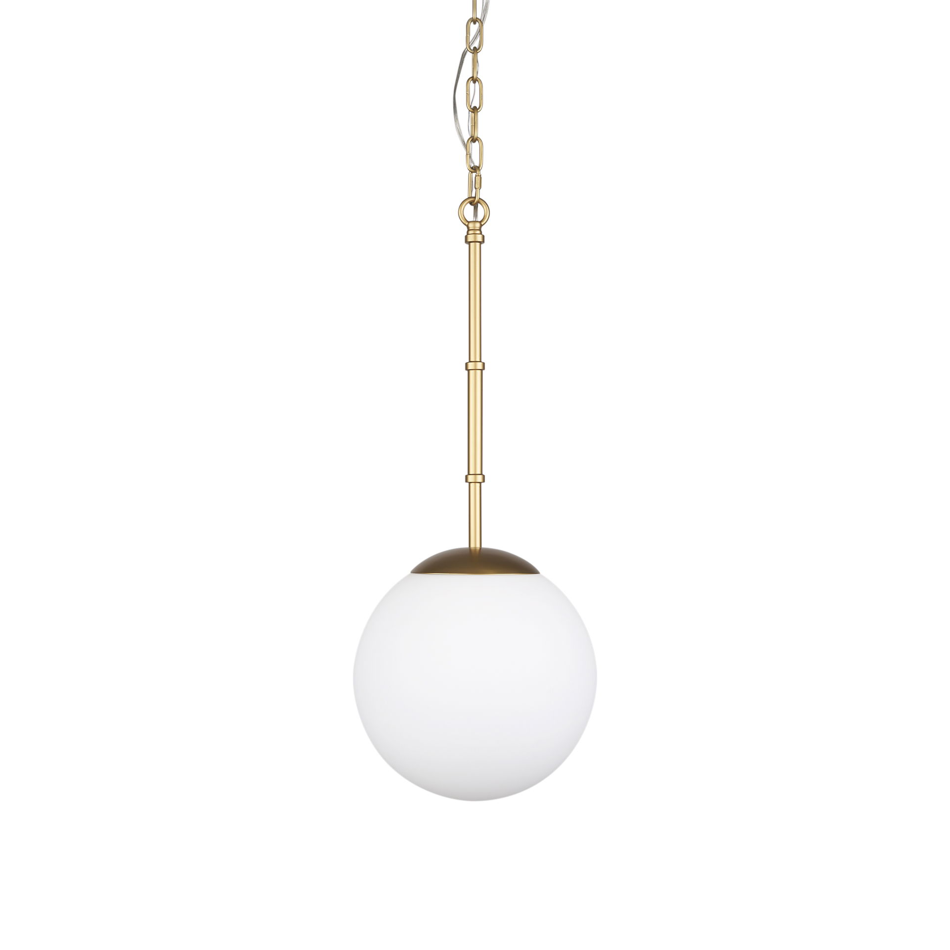 Edie Brushed Gold Metal with Frosted Glass Globe 1-Light Pendant, by Mercana, 12" length x 12" width x 54" height View 1