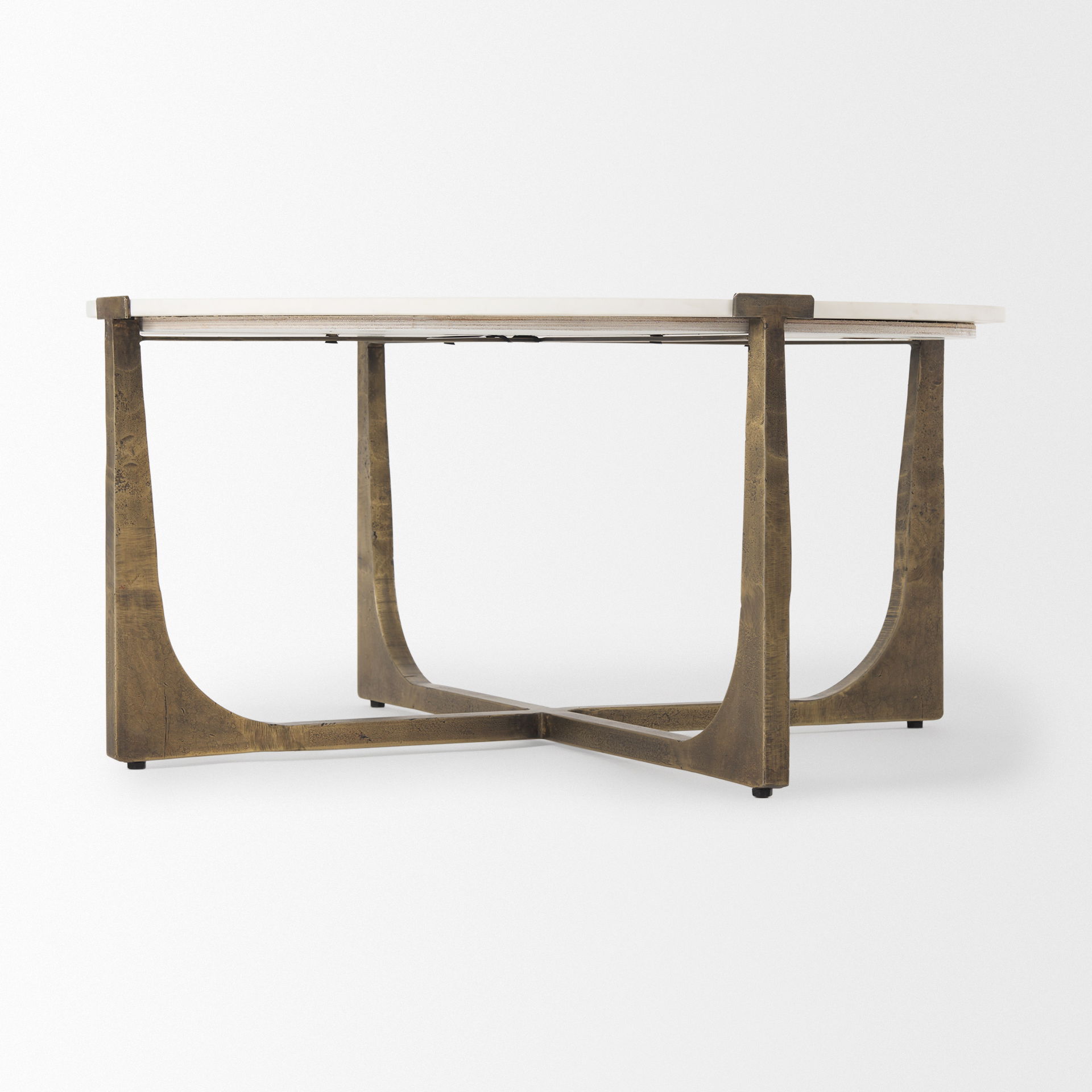 Atticus Marble and Antiqued Gold Metal Coffee Table, by Mercana, 34" length x 34" width x 16.25" height View 5