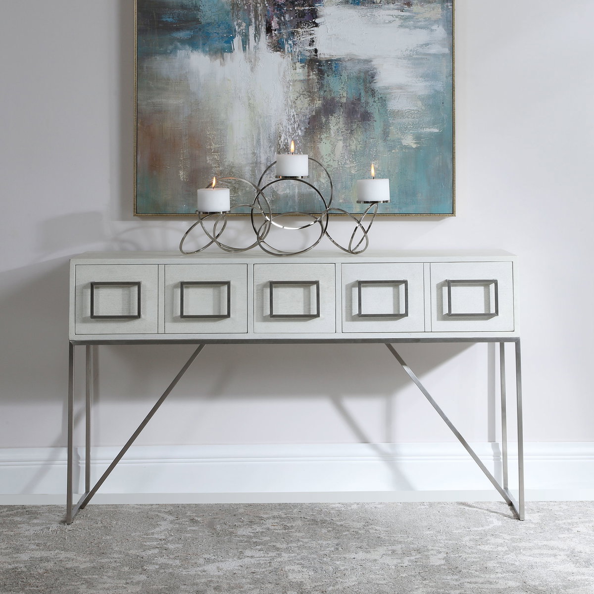 Abaya White Console Table, Furniture by Uttermost, 54" width x 32" height x 14" depth View 5
