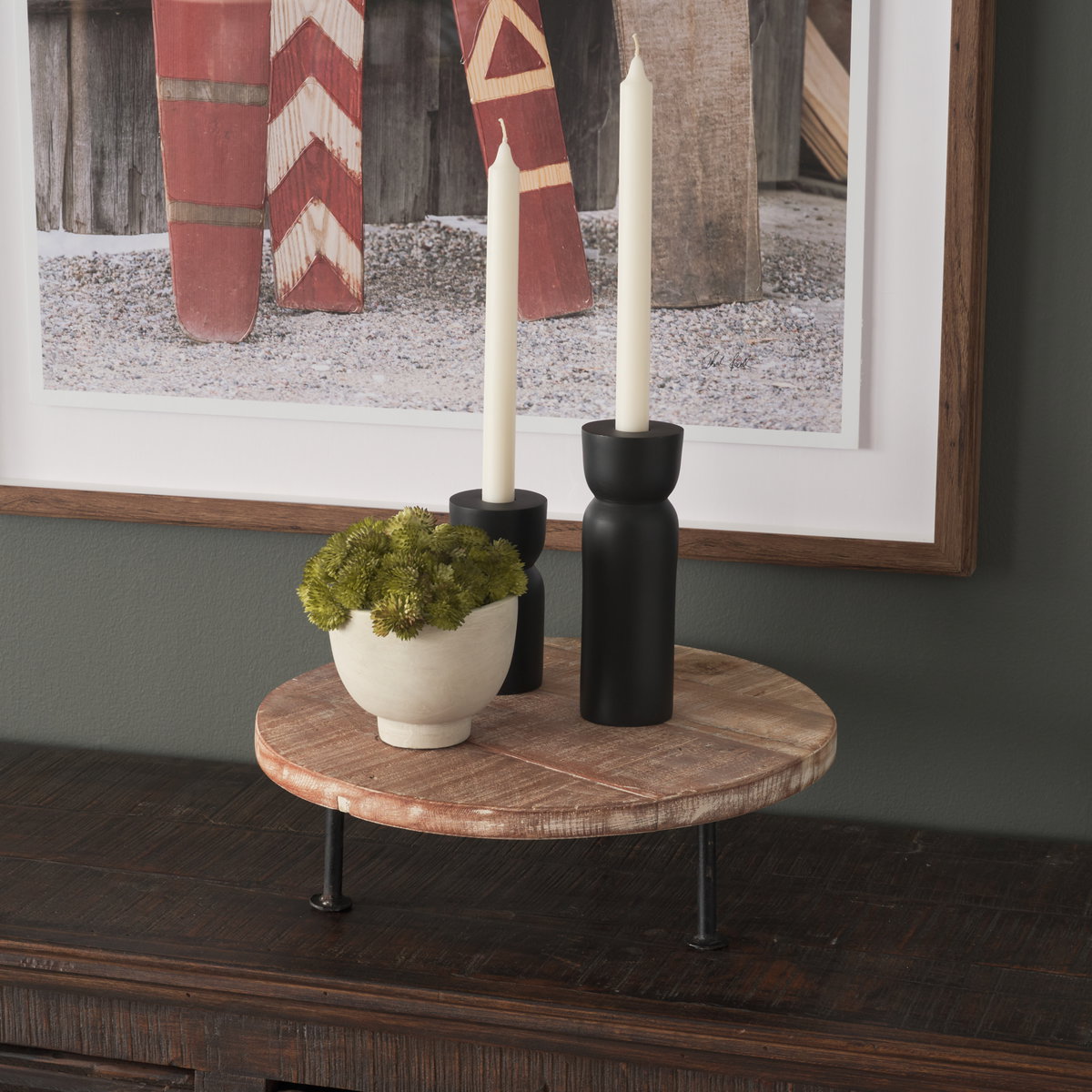 Cedric 15L x 15W x 6H Round Light Brown Wood with Black Metal Legs Decorative Display Stand, Decorative Tray by Mercana, 15" length x 15" width x 6" height View 2