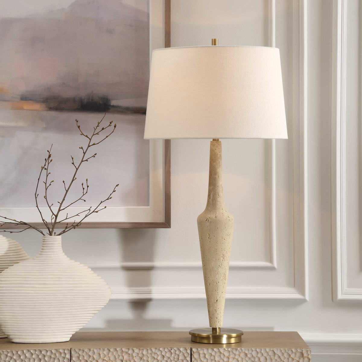 Juliet Travertine Table Lamp, by Uttermost, 17" width x 35.75" height x 17" depth View 2