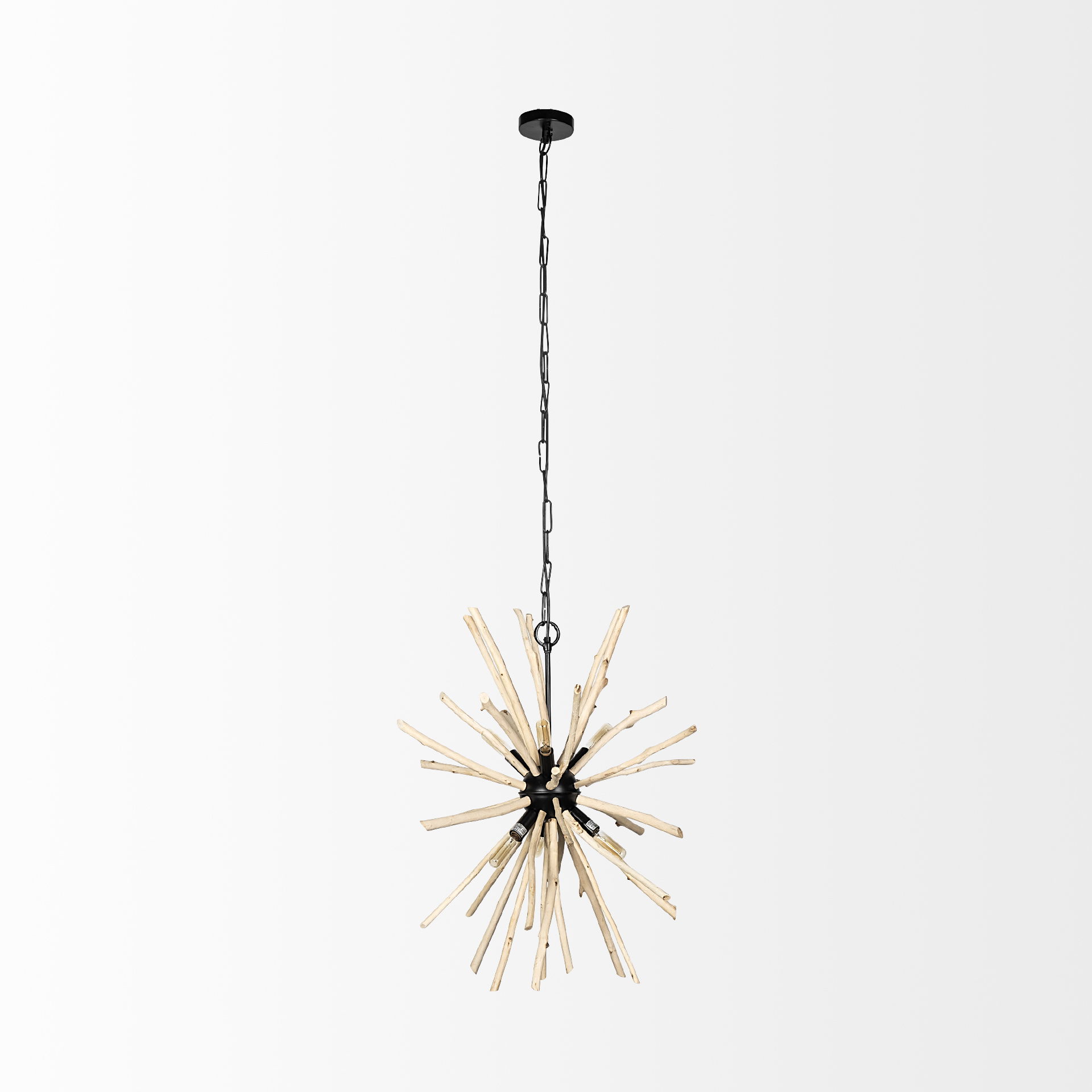 Jules 25x25 Blonde Wood and Black Metal Six Bulb Chandelier Light, by Mercana, 25" length x 25" width x 25" height View 3