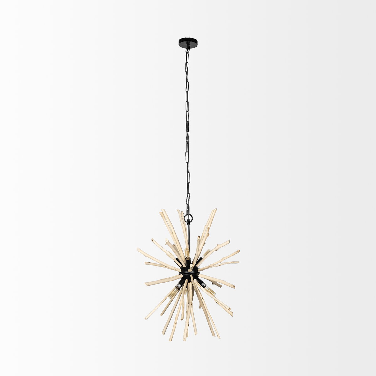 Jules 25x25 Blonde Wood and Black Metal Six Bulb Chandelier Light, by Mercana, 25" length x 25" width x 25" height View 3