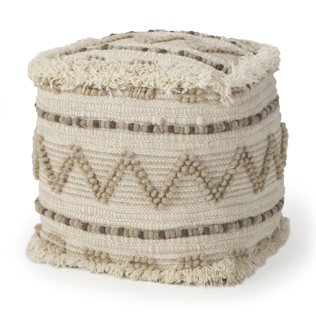 Caela Beige/Brown Wool, Cotton and Felt Popcorn Stitch Square Pouf, Ottoman by Mercana, 18" length x 18" width x 18" height View 1